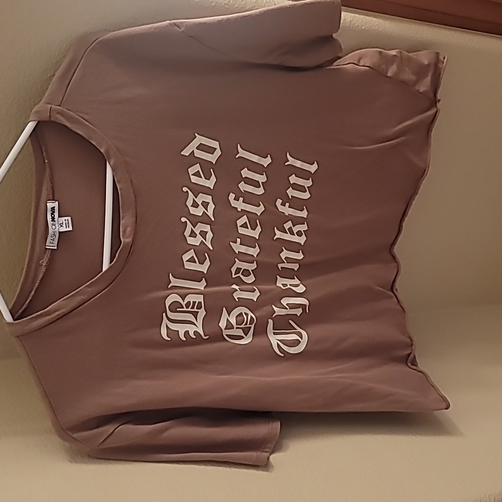 Fashion Nova Mauve Graphic Crop Top - "Blessed Grateful Thankful"